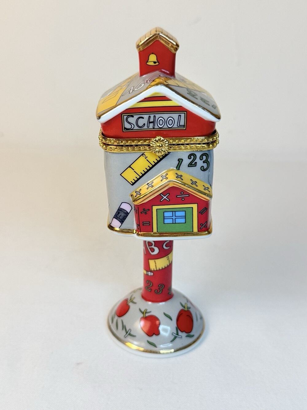 School Mailbox Themed Stamp Dispenser Trinket Box Hinged Lid Goldtone Porcelain